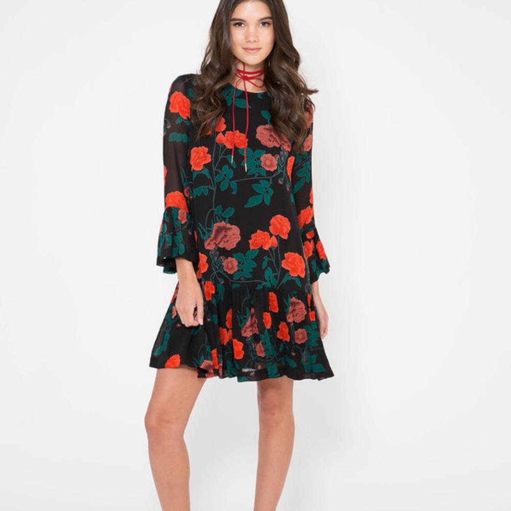 Ganni Newman Georgette Rose Print Dress